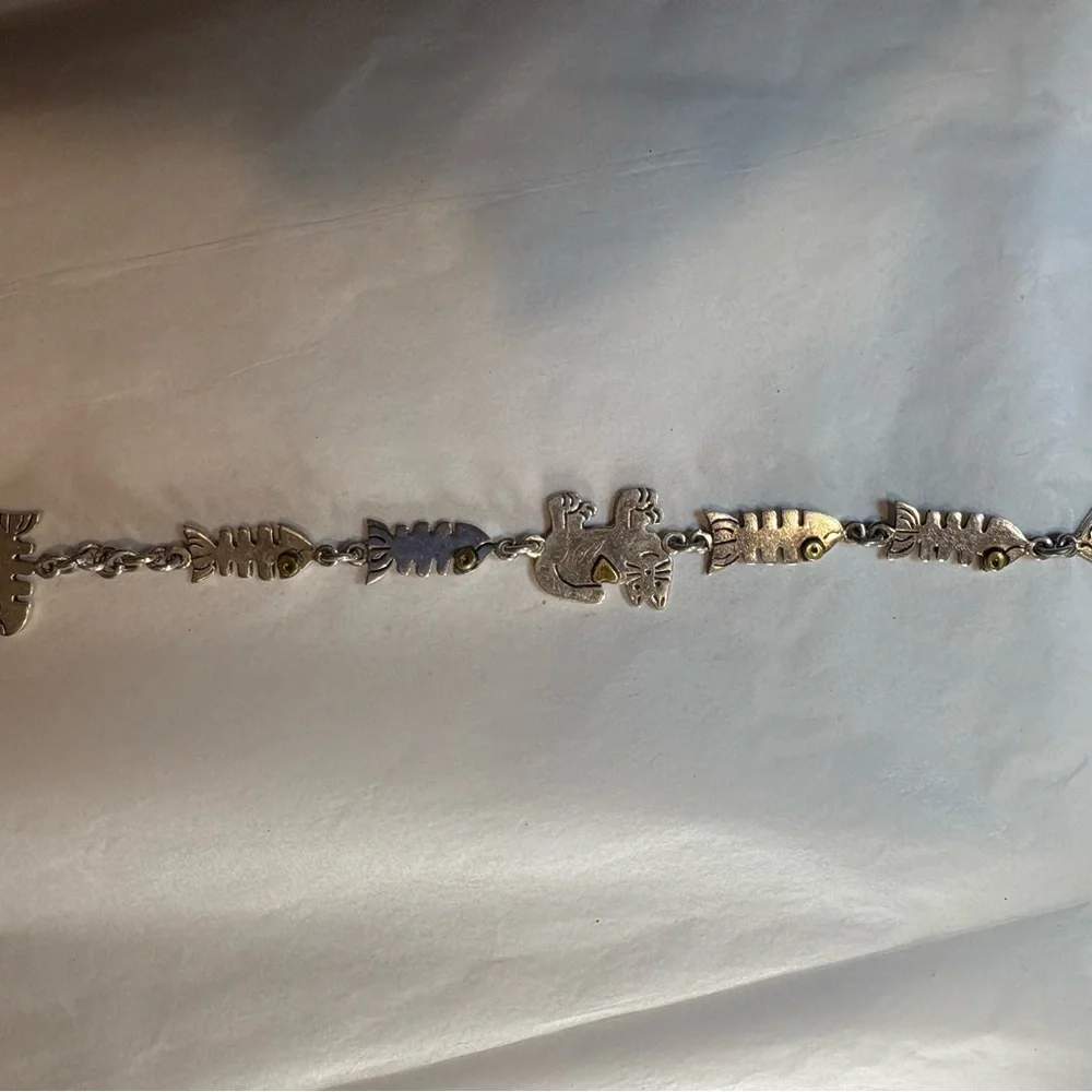 Sterling Silver Cat and Fishbone Bracelet - Picture 3 of 4